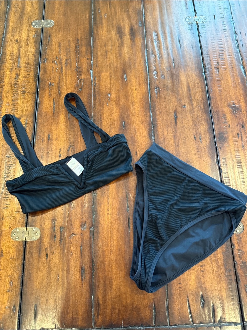 l*space Black Ribbed V-Neck Bikini Top and High Waist Bottom